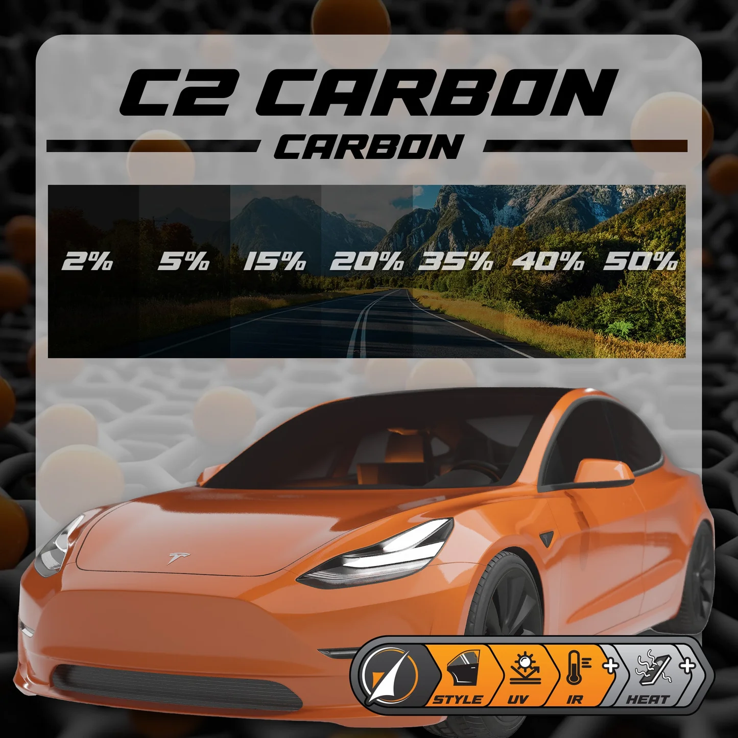 Geoshield C2 Carbon shade chart showing 2%, 5%, 15%, 20%, 35%, 40%, and 50% film options on a Tesla Model 3