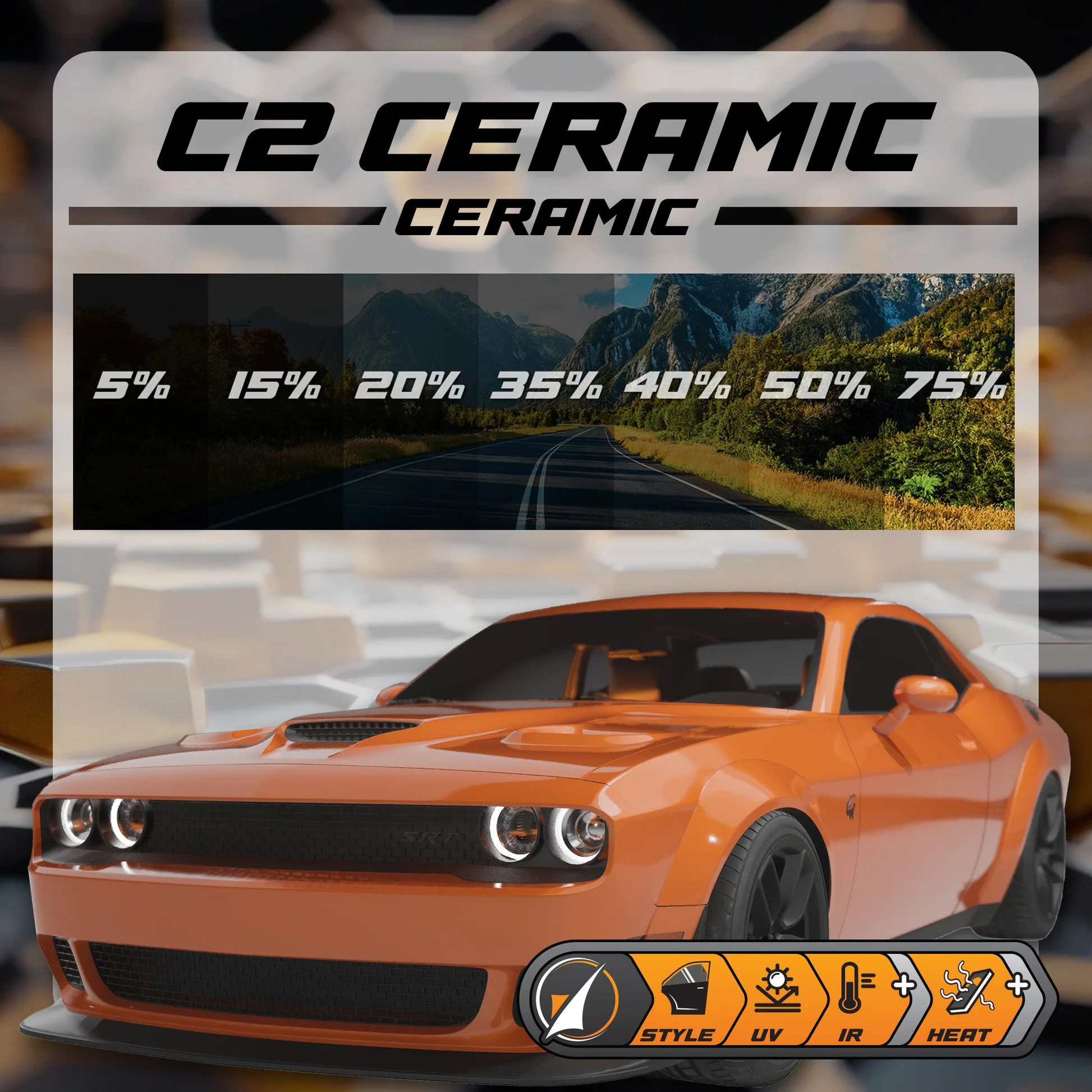 Geoshield C2 Ceramic shade chart showing 5%, 15%, 20%, 35%, 40%, 50%, and 75% film options on a Dodge Challenger